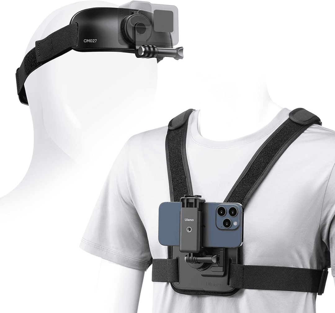Smartphone mounted on chest harness for hands-free use